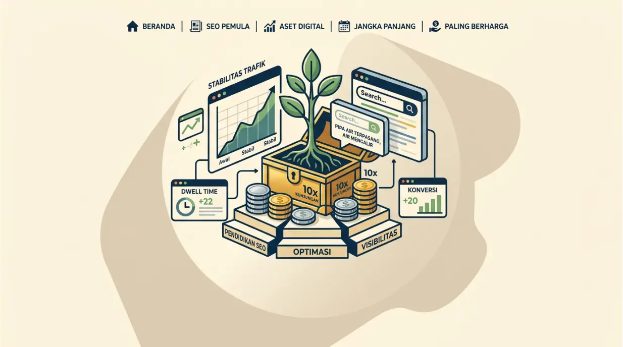 Ilustrasi belajar SEO pemula sebagai aset digital jangka panjang dengan grafik pertumbuhan trafik website yang stabil
